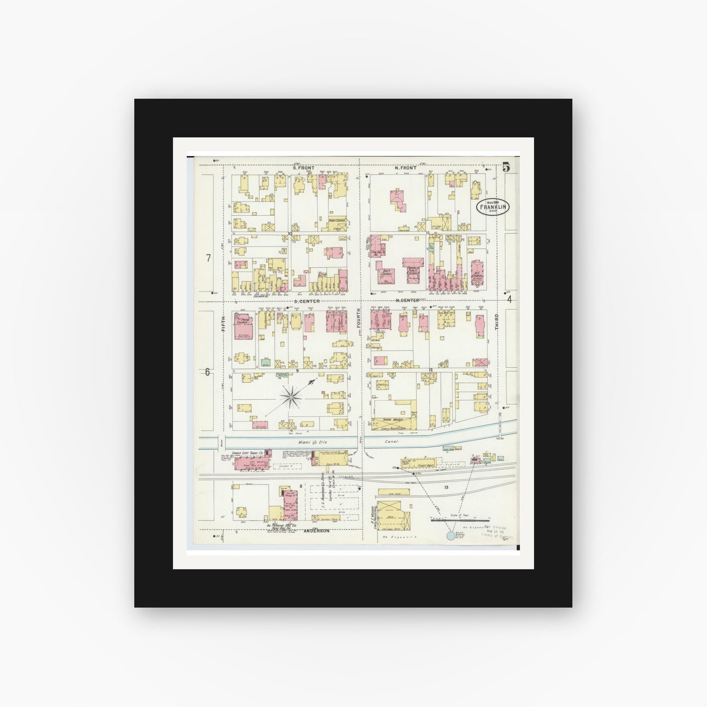 Old map wall art mockup — black gallery frame with white mat — Sanborn Fire Insurance Map from Franklin, Warren County, Ohio (1898), Sheet #0005