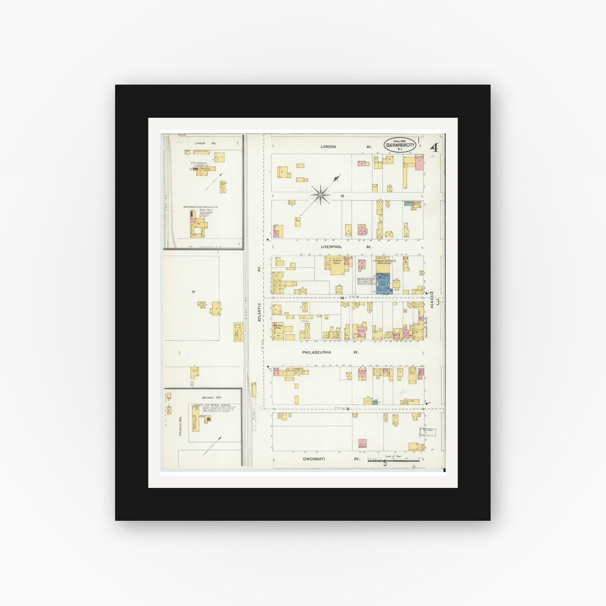 Old map wall art mockup — black gallery frame with white mat — Sanborn Fire Insurance Map from Egg Harbor City, Atlantic County, New Jersey (1903), Sheet #0004