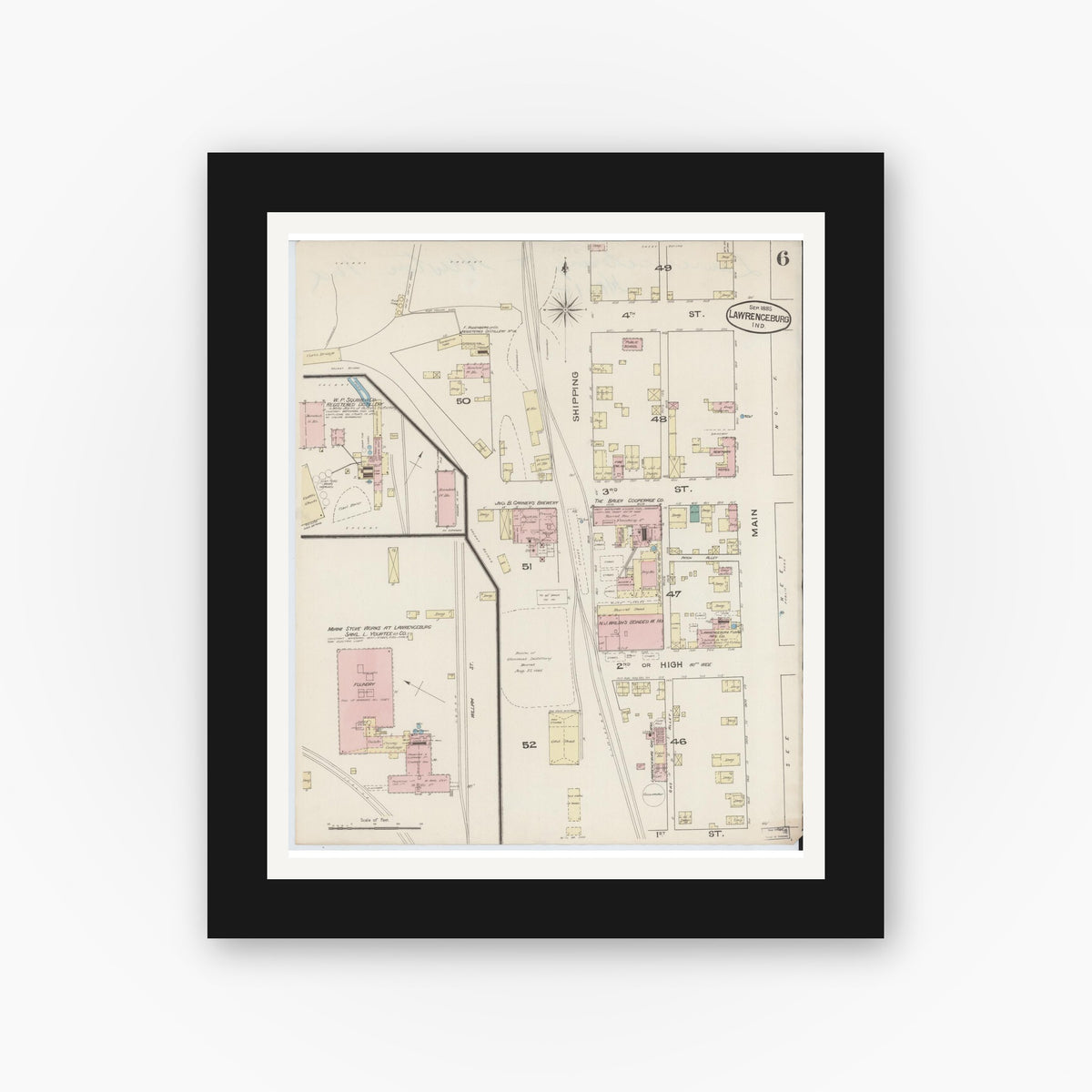 Old map wall art mockup — black gallery frame with white mat — Sanborn Fire Insurance Map from Lawrenceburg, Dearborn County, Indiana (1885), Sheet #0006