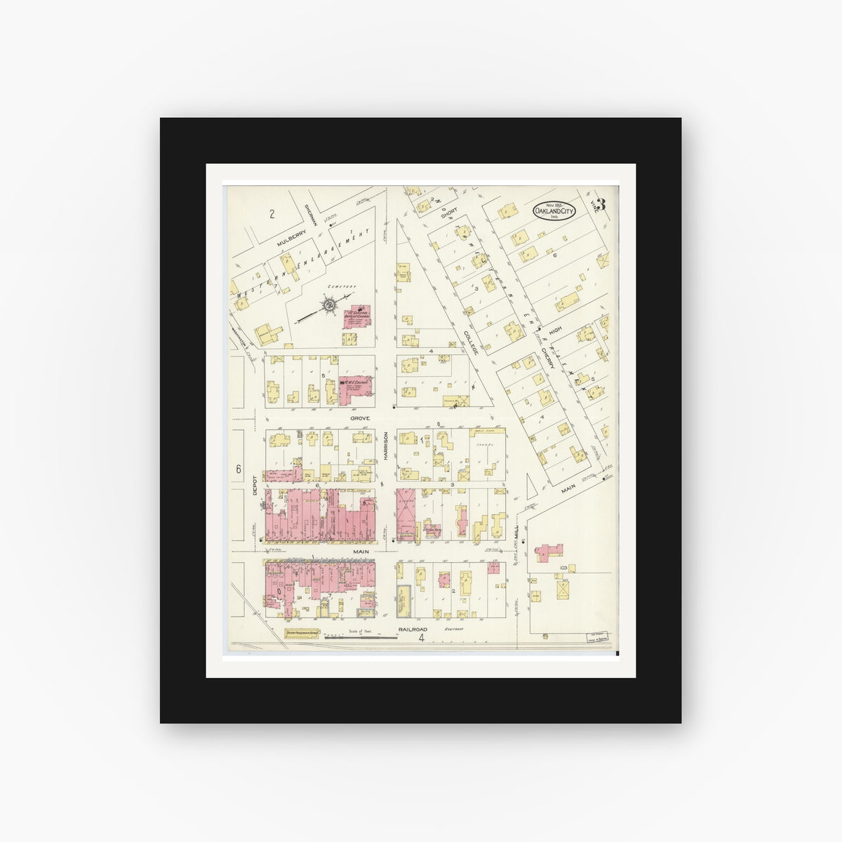 Old map wall art mockup — black gallery frame with white mat — Sanborn Fire Insurance Map from Oakland City, Gibson County, Indiana (1913), Sheet #0003