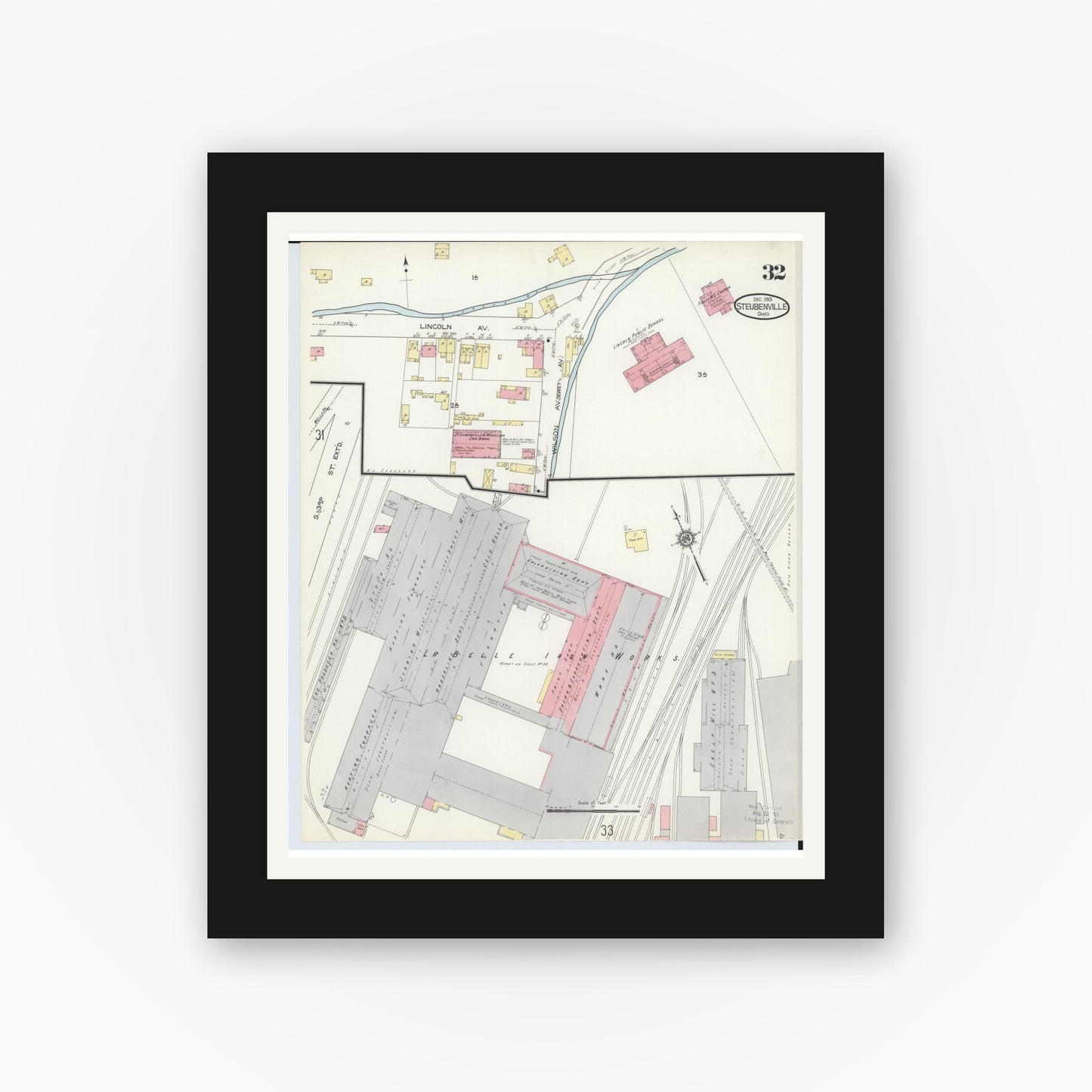 Old map wall art mockup — black gallery frame with white mat — Sanborn Fire Insurance Map from Steubenville, Jefferson County, Ohio (1913), Sheet #0032