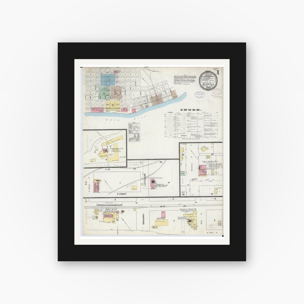 Old map wall art mockup — black gallery frame with white mat — Sanborn Fire Insurance Map from Metropolis, Massac County, Illinois (1897), Sheet #0001