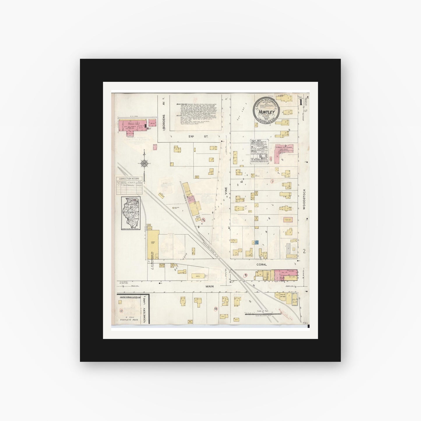 Old map wall art mockup — black gallery frame with white mat — Sanborn Fire Insurance Map from Huntley, McHenry County, Illinois (1936), Sheet #0001