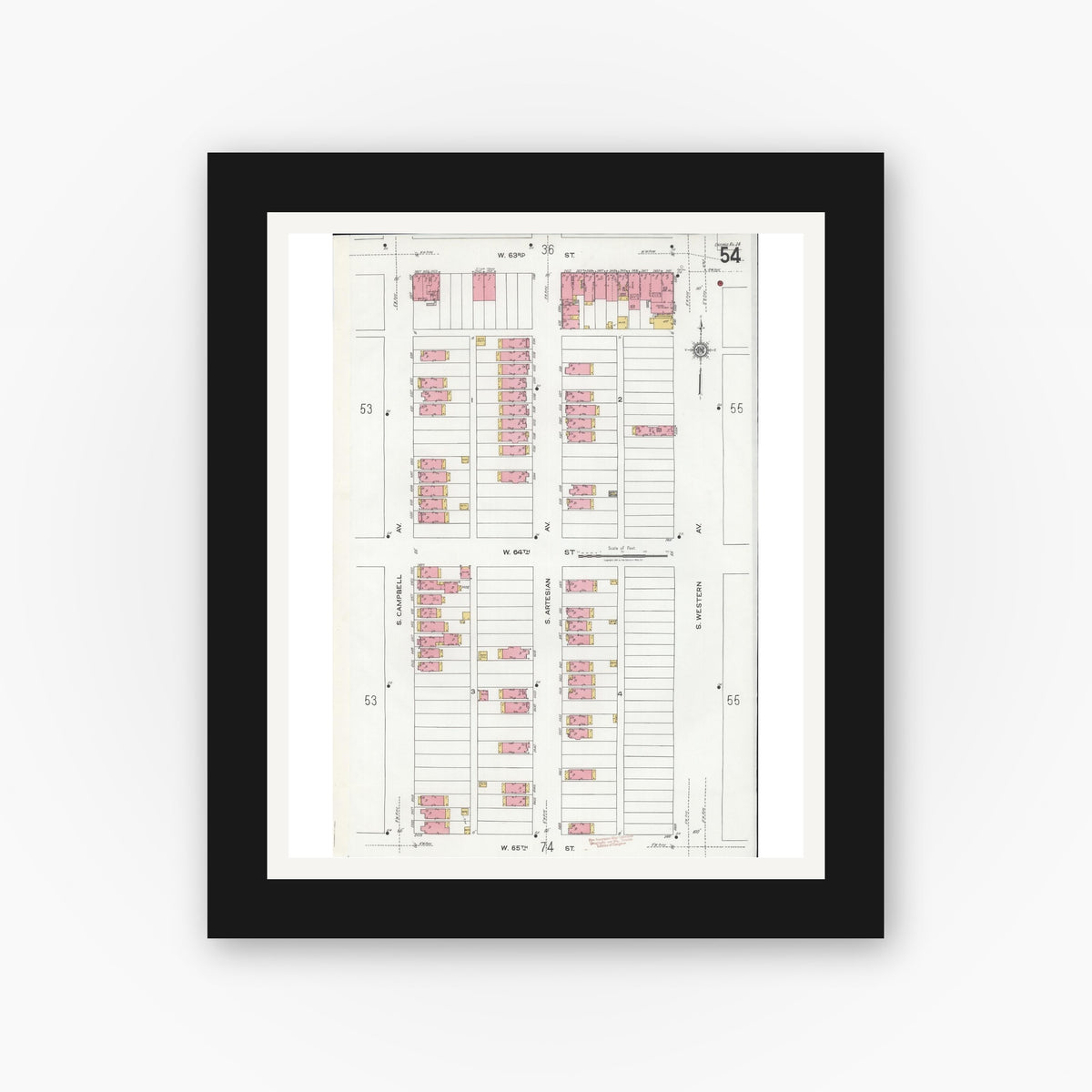 Old map wall art mockup — black gallery frame with white mat — Sanborn Fire Insurance Map from Chicago, Cook County, Illinois (1920), Sheet #0054