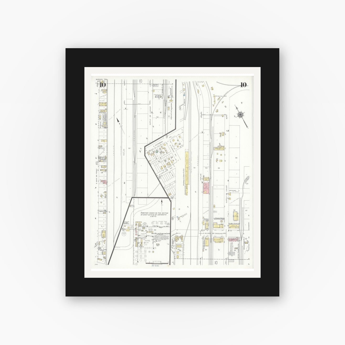 Old map wall art mockup — black gallery frame with white mat — Sanborn Fire Insurance Map from Borger, Hutchinson County, Texas (1940), Sheet #0010