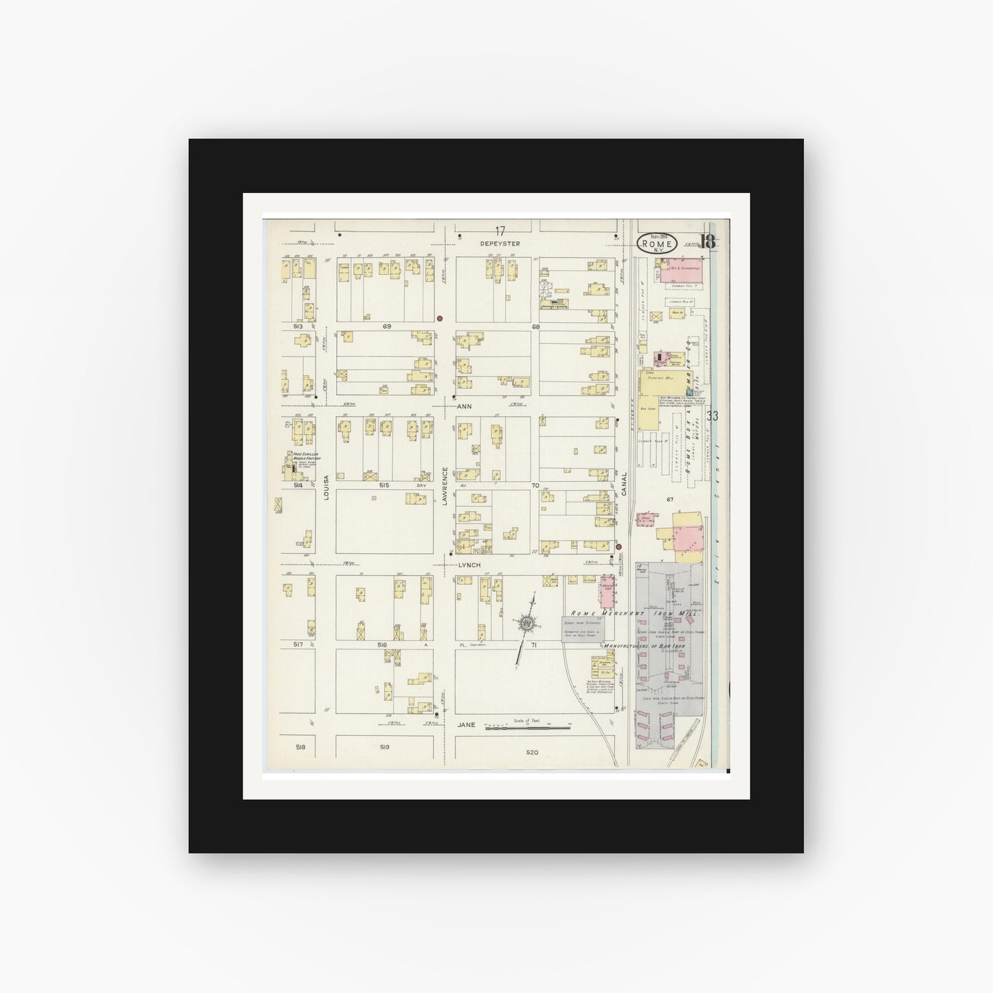 Old map wall art mockup — black gallery frame with white mat — Sanborn Fire Insurance Map from Rome, Oneida County, New York (1914), Sheet #0018
