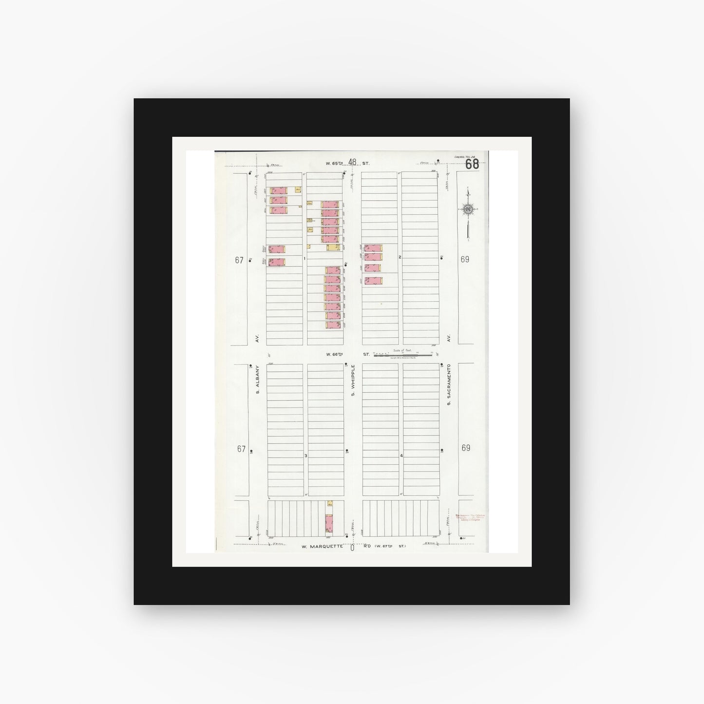 Old map wall art mockup — black gallery frame with white mat — Sanborn Fire Insurance Map from Chicago, Cook County, Illinois (1920), Sheet #0068