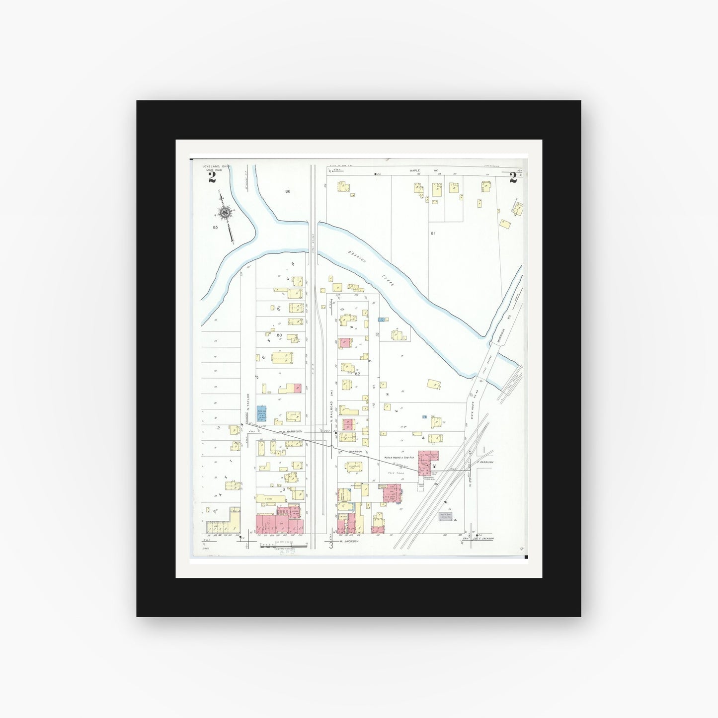Old map wall art mockup — black gallery frame with white mat — Sanborn Fire Insurance Map from Loveland, Clermont, Hamilton, And Warren County, Ohio (1946), Sheet #0002