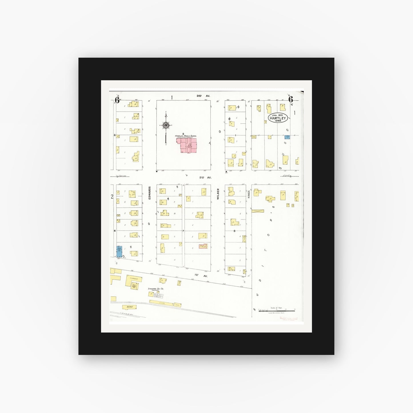 Old map wall art mockup β black gallery frame with white mat β Sanborn Fire Insurance Map from Hartley, O'Brien County, Iowa (1925), Sheet #0006