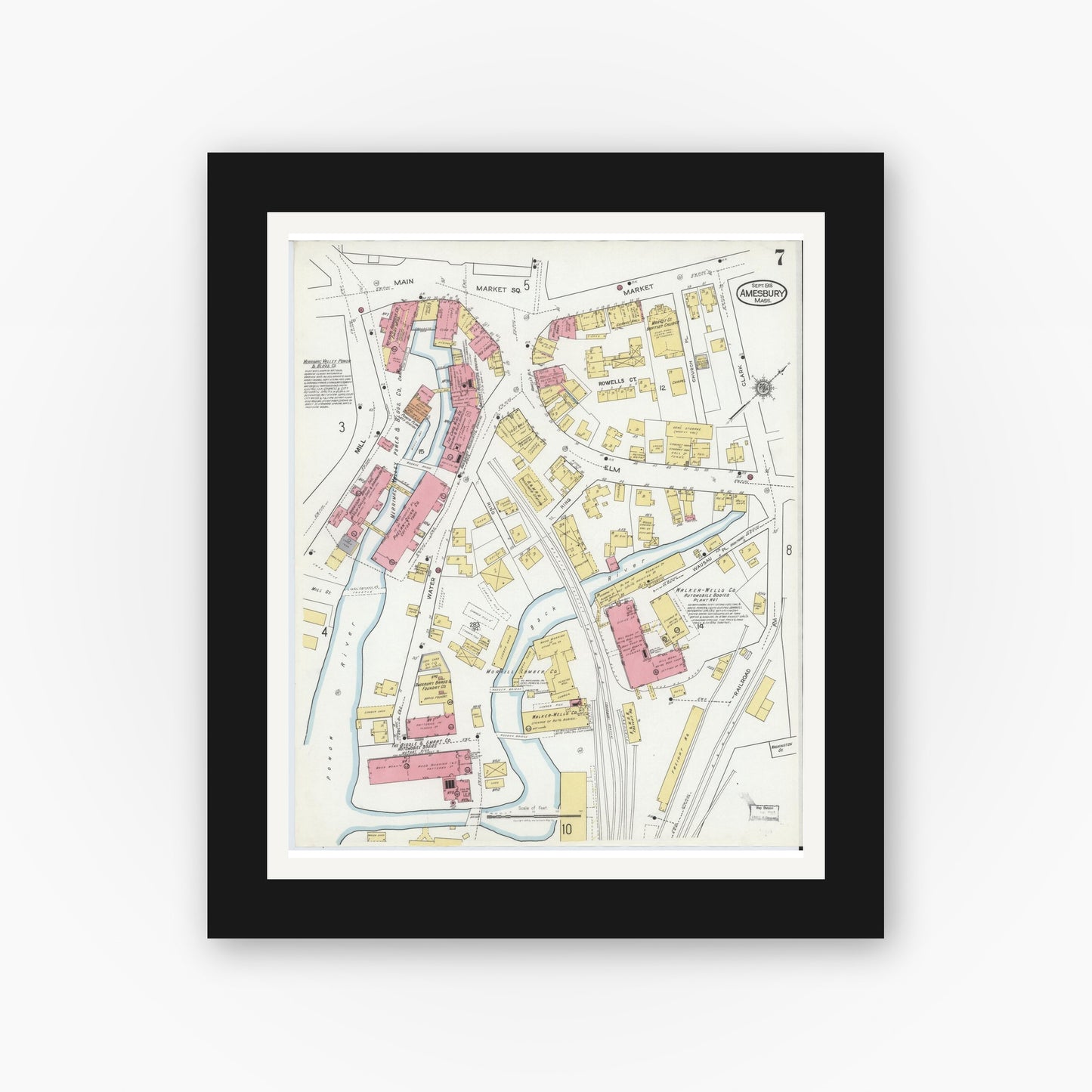 Old map wall art mockup — black gallery frame with white mat — Sanborn Fire Insurance Map from Amesbury, Essex County, Massachusetts (1918), Sheet #0007