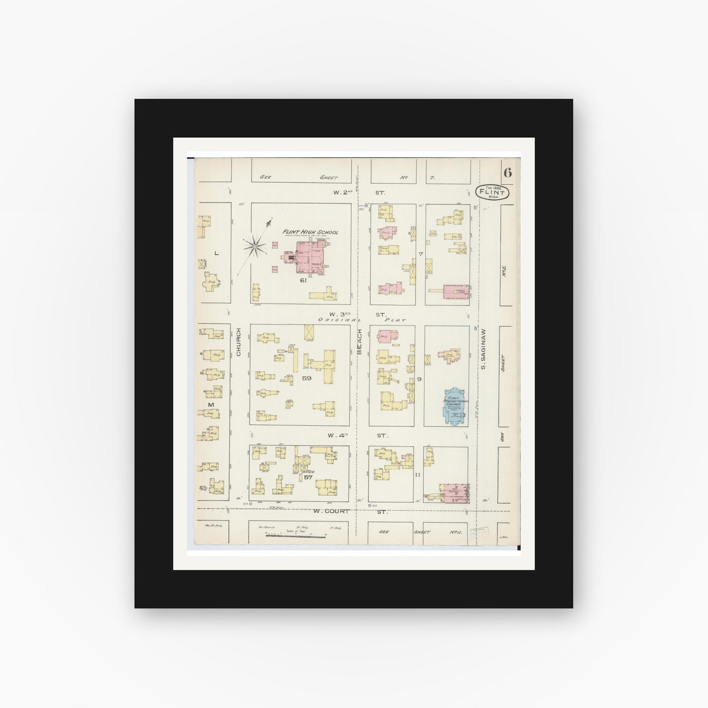 Old map wall art mockup — black gallery frame with white mat — Sanborn Fire Insurance Map from Flint, Genesee County, Michigan (1886), Sheet #0006