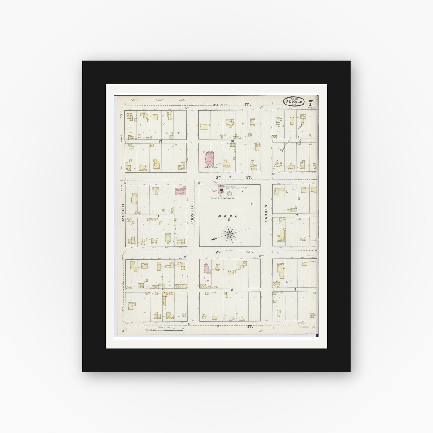 Old map wall art mockup — black gallery frame with white mat — Sanborn Fire Insurance Map from De Kalb, De Kalb County, Illinois (1891), Sheet #0007