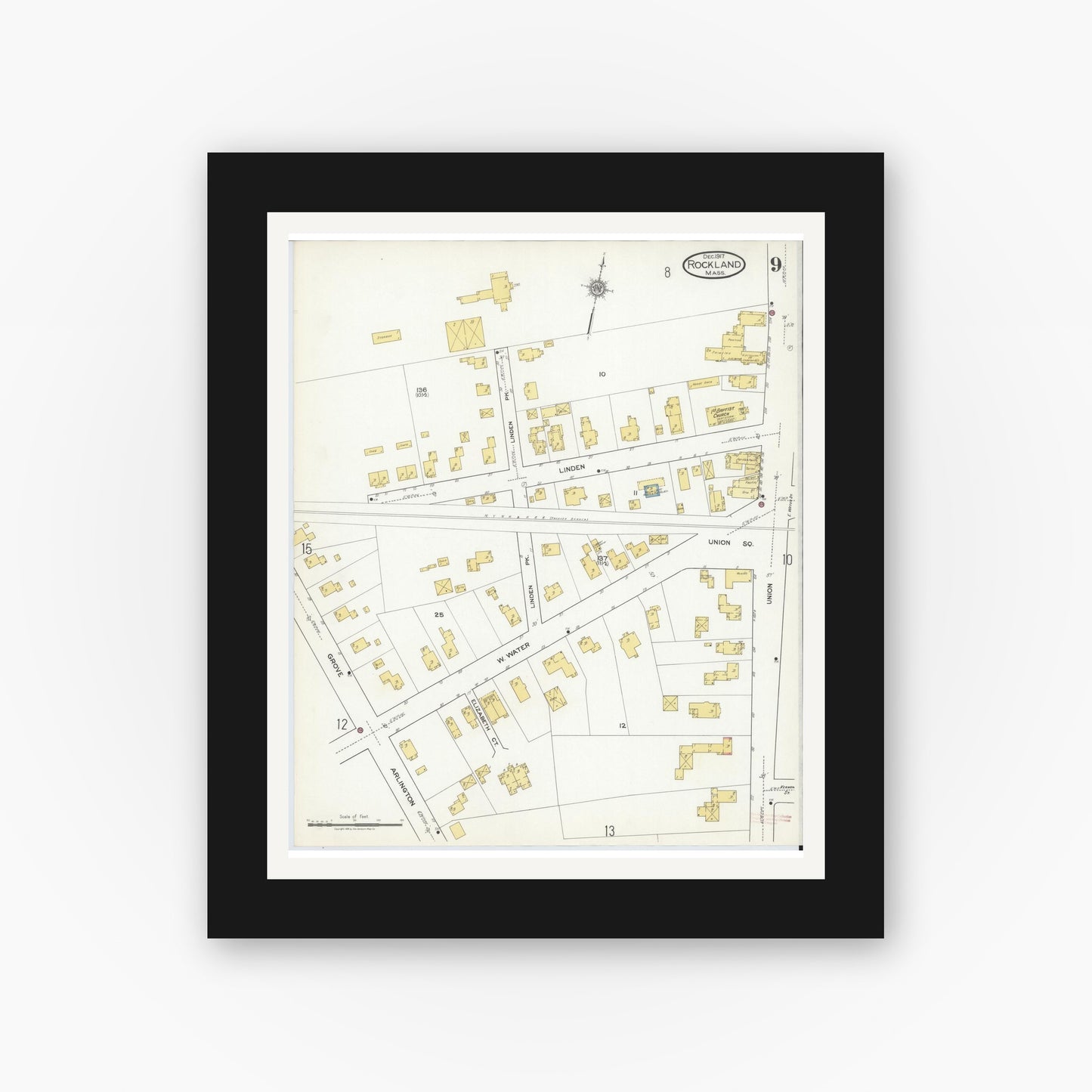 Old map wall art mockup — black gallery frame with white mat — Sanborn Fire Insurance Map from Rockland, Plymouth County, Massachusetts (1917), Sheet #0009