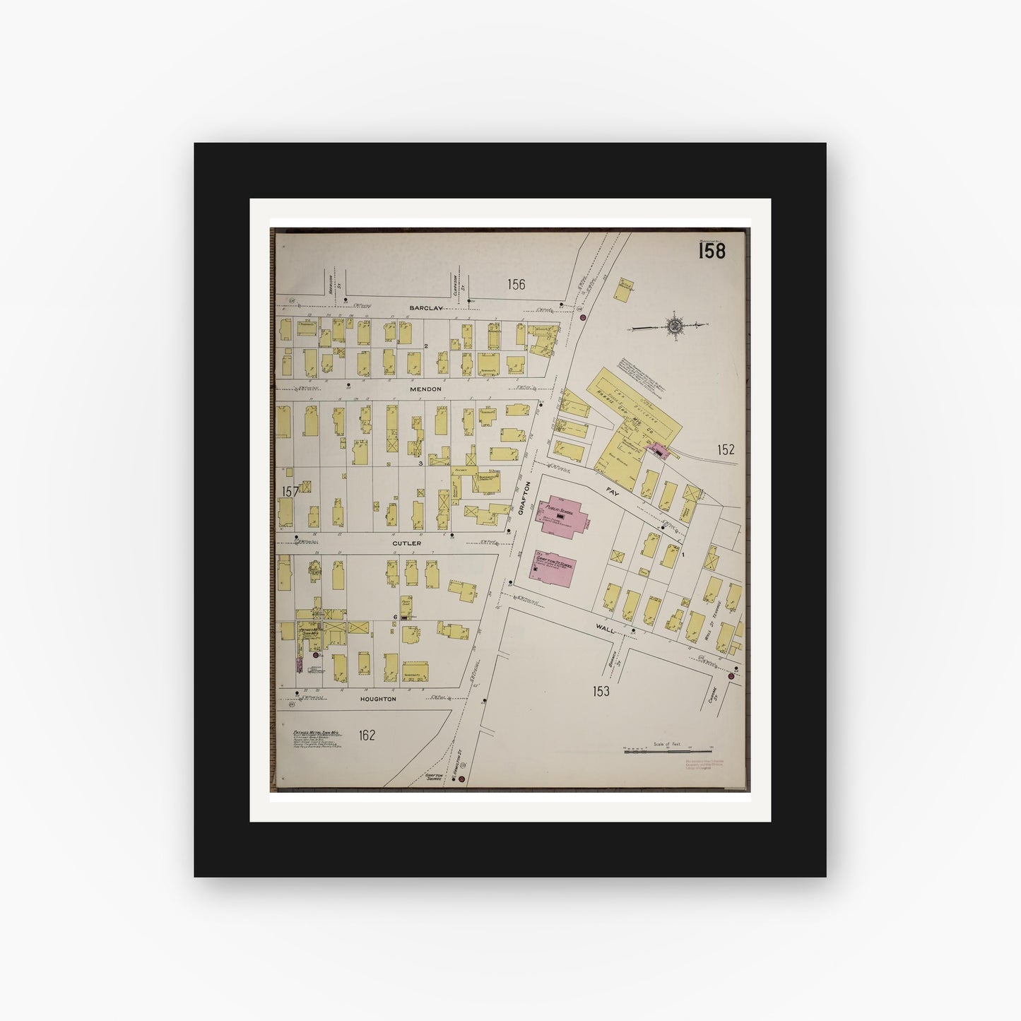 Old map wall art mockup — black gallery frame with white mat — Sanborn Fire Insurance Map from Worcester, Worcester County, Massachusetts (1910), Sheet #0158