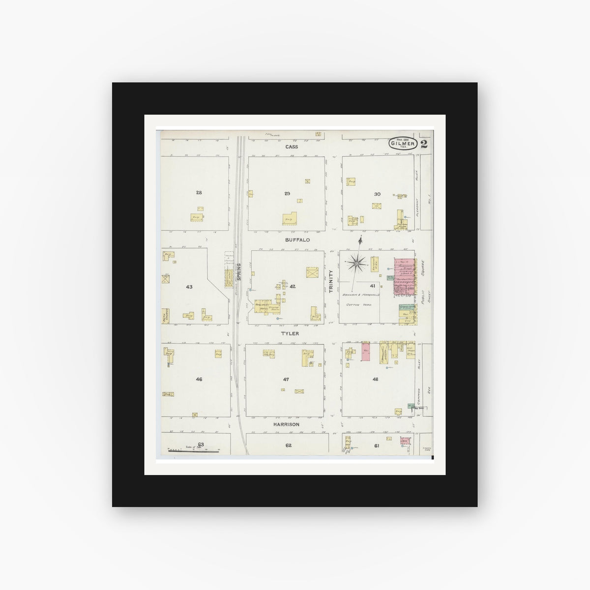 Old map wall art mockup — black gallery frame with white mat — Sanborn Fire Insurance Map from Gilmer, Upshur County, Texas (1891), Sheet #0002