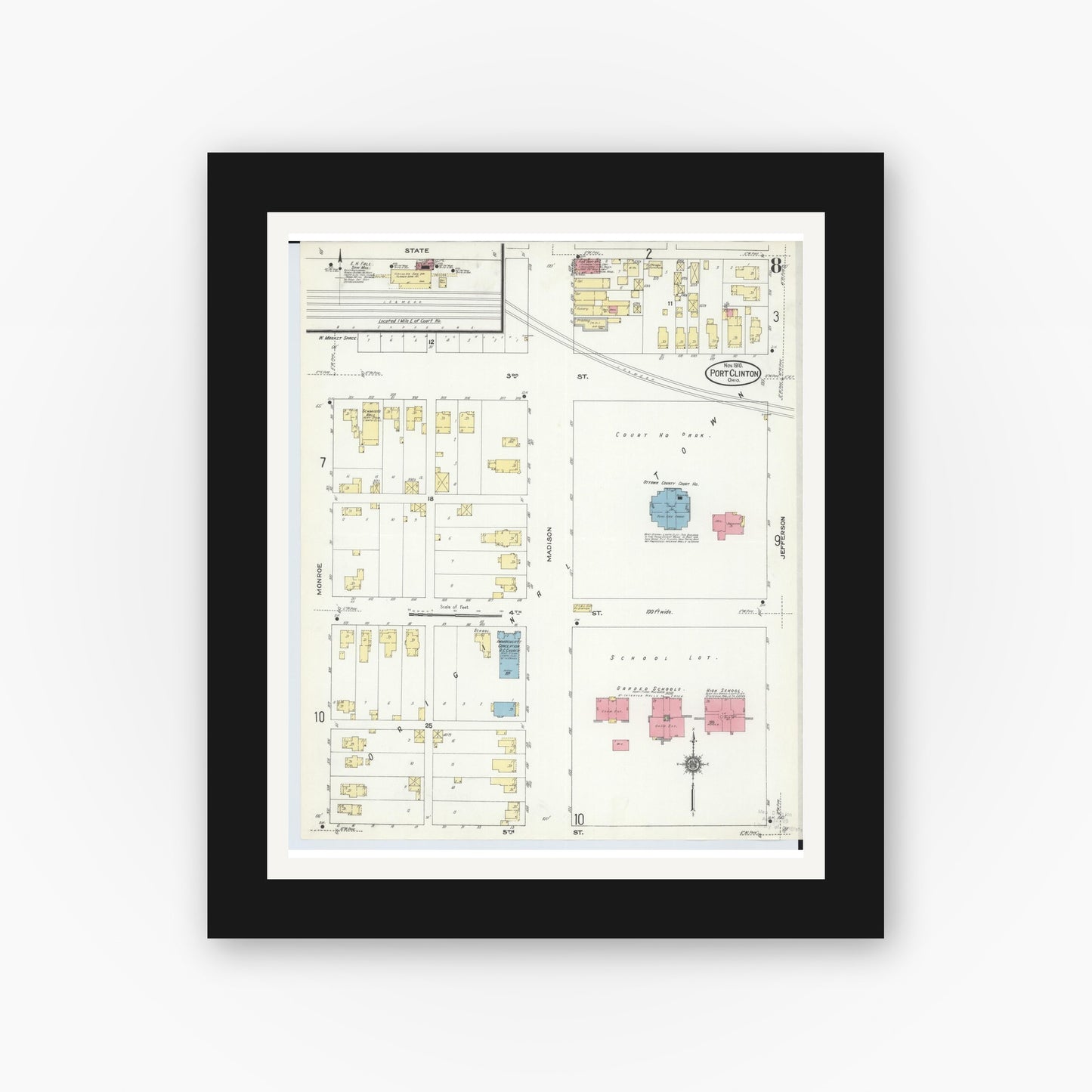 Old map wall art mockup — black gallery frame with white mat — Sanborn Fire Insurance Map from Port Clinton, Ottawa County, Ohio (1910), Sheet #0008