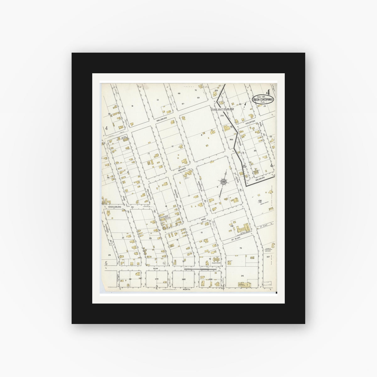 Old map wall art mockup — black gallery frame with white mat — Sanborn Fire Insurance Map from Green Cove Springs, Clay County, Florida (1917), Sheet #0004