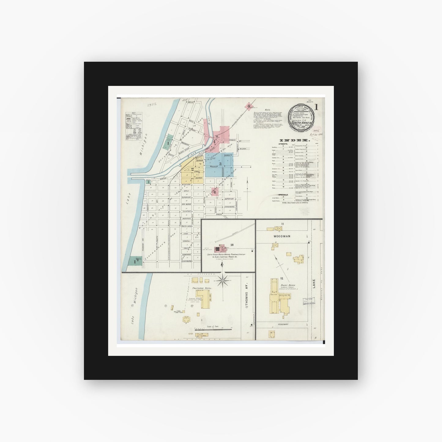 Old map wall art mockup — black gallery frame with white mat — Sanborn Fire Insurance Map from South Haven, Van Buren County, Michigan (1896), Sheet #0001