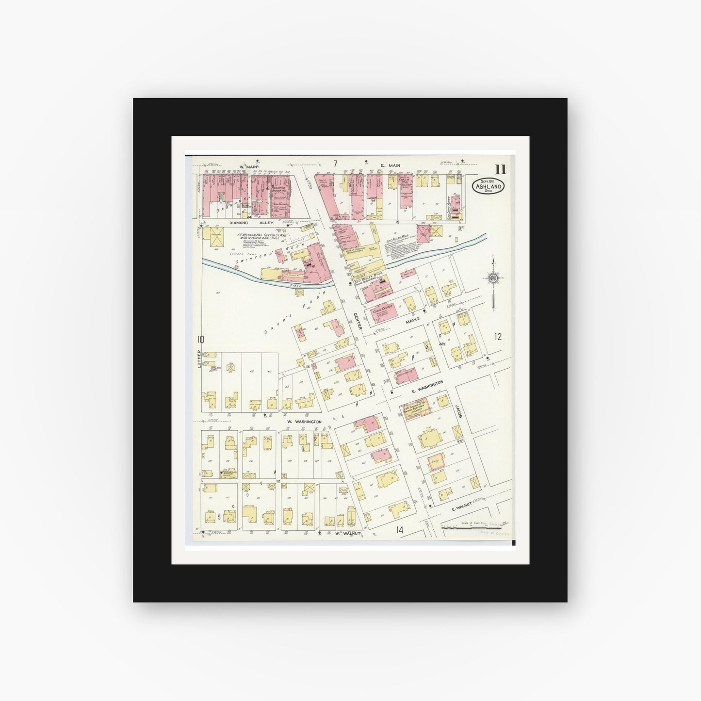 Old map wall art mockup — black gallery frame with white mat — Sanborn Fire Insurance Map from Ashland, Ashland County, Ohio (1911), Sheet #0011