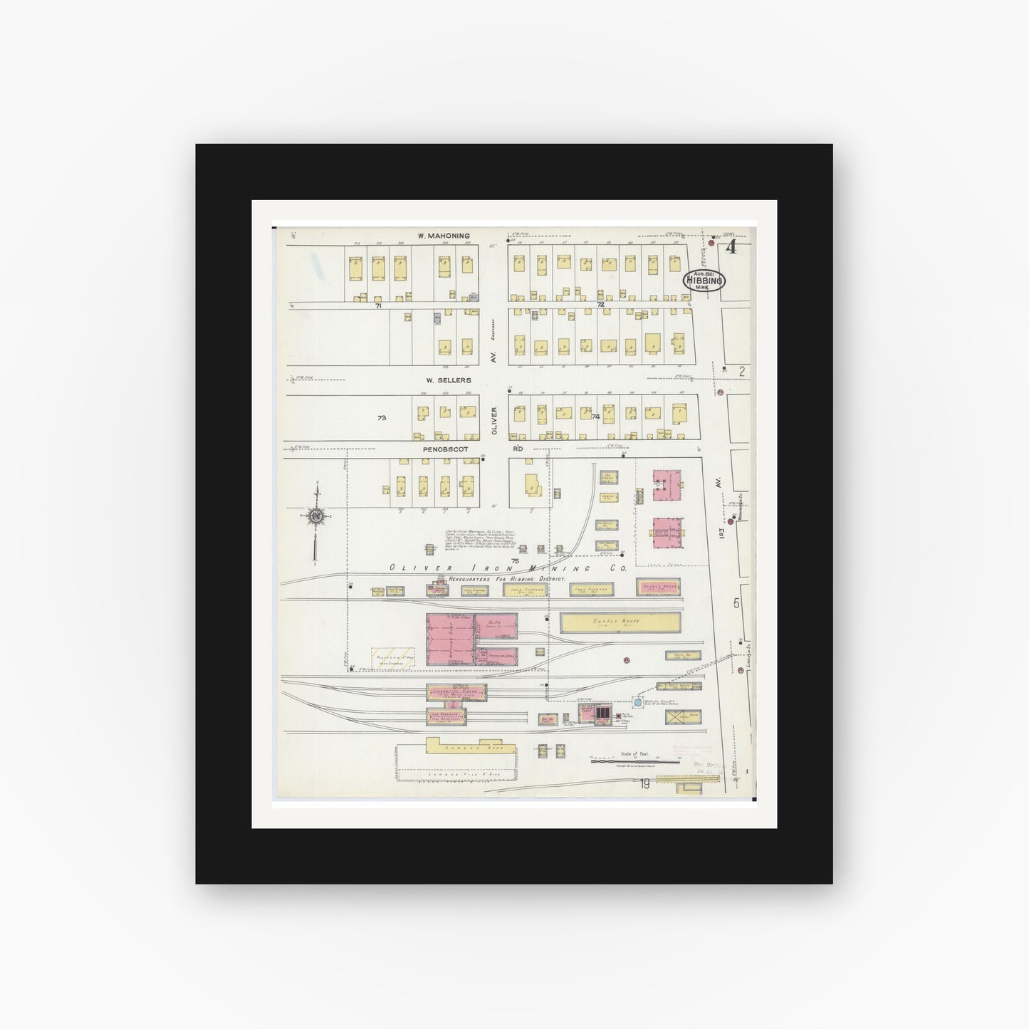 Old map wall art mockup — black gallery frame with white mat — Sanborn Fire Insurance Map from Hibbing, Saint Louis County, Minnesota (1921), Sheet #0004