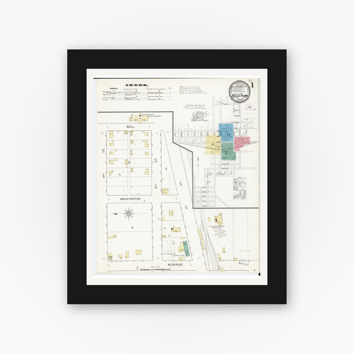 Old map wall art mockup — black gallery frame with white mat — Sanborn Fire Insurance Map from Belle Plaine, Benton County, Iowa (1894) — Complete Set