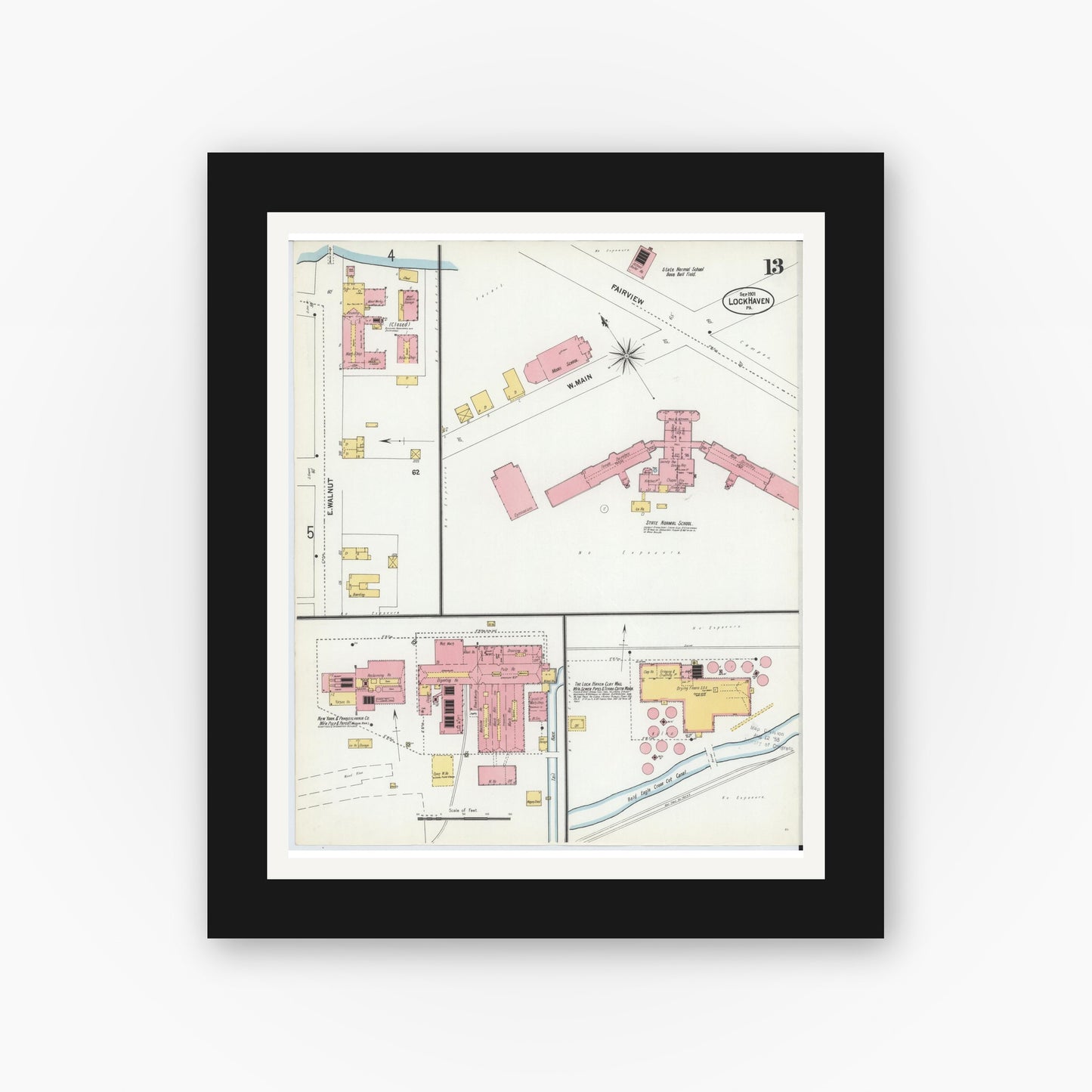 Old map wall art mockup — black gallery frame with white mat — Sanborn Fire Insurance Map from Lock Haven, Clinton County, Pennsylvania (1901), Sheet #0013