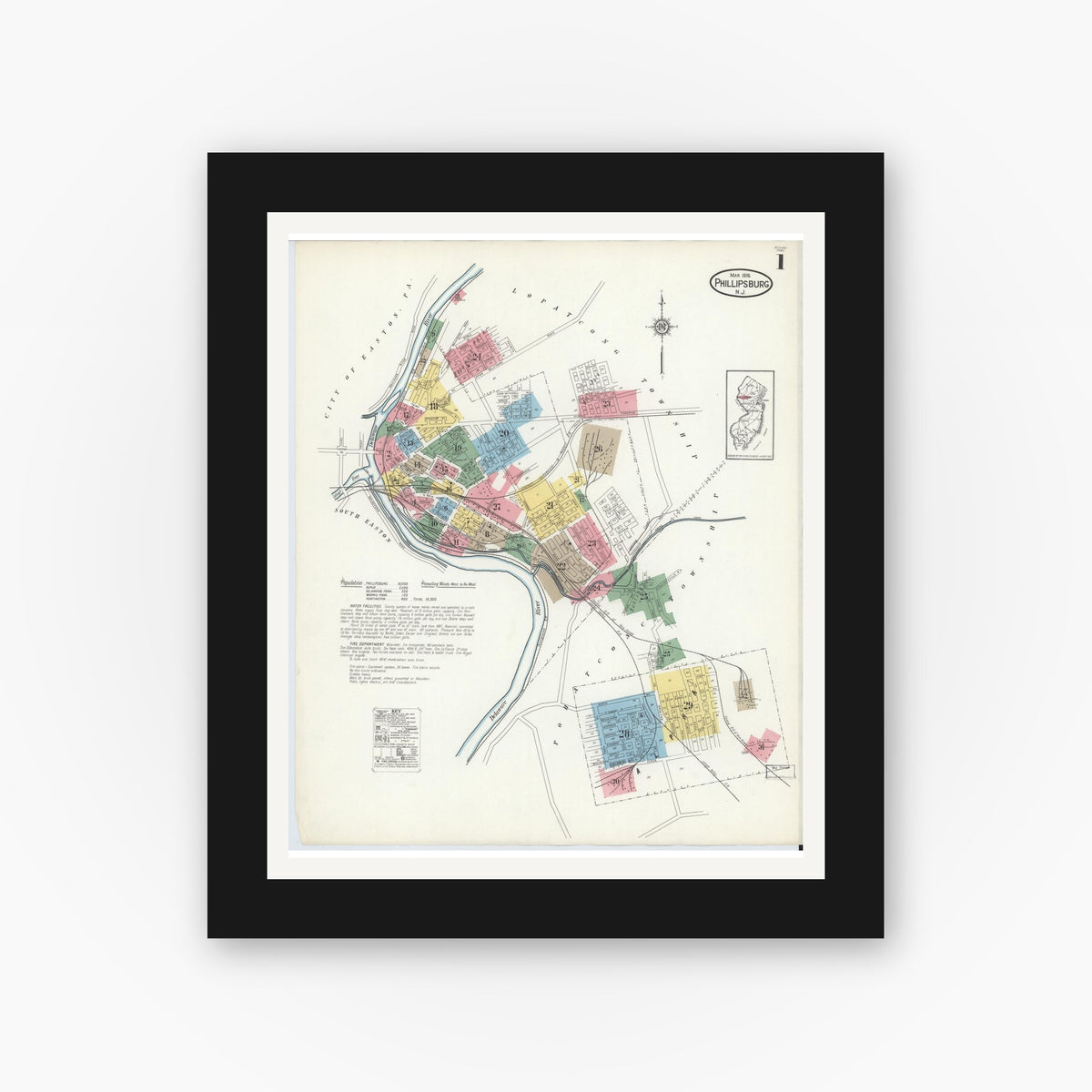 Old map wall art mockup — black gallery frame with white mat — Sanborn Fire Insurance Map from Phillipsburg, Warren County, New Jersey (1916) - Complete Map Set