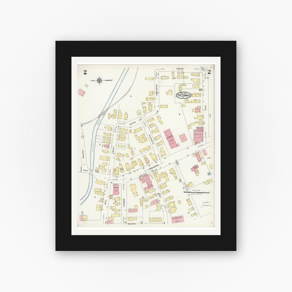 Old map wall art mockup — black gallery frame with white mat — Sanborn Fire Insurance Map from Fort Edward, Washington County, New York (1924) - Complete Map Set