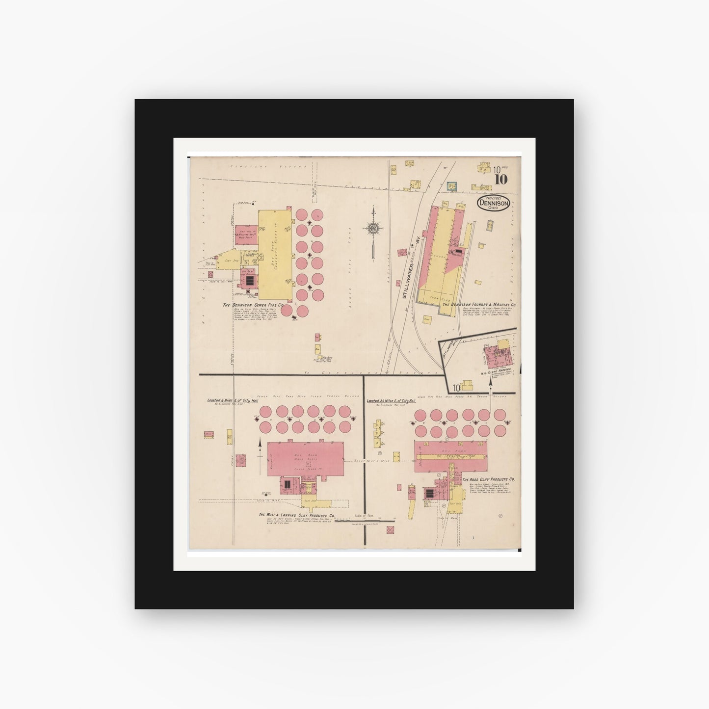 Old map wall art mockup — black gallery frame with white mat — Sanborn Fire Insurance Map from Dennison, Tuscarawas County, Ohio (1921), Sheet #0010