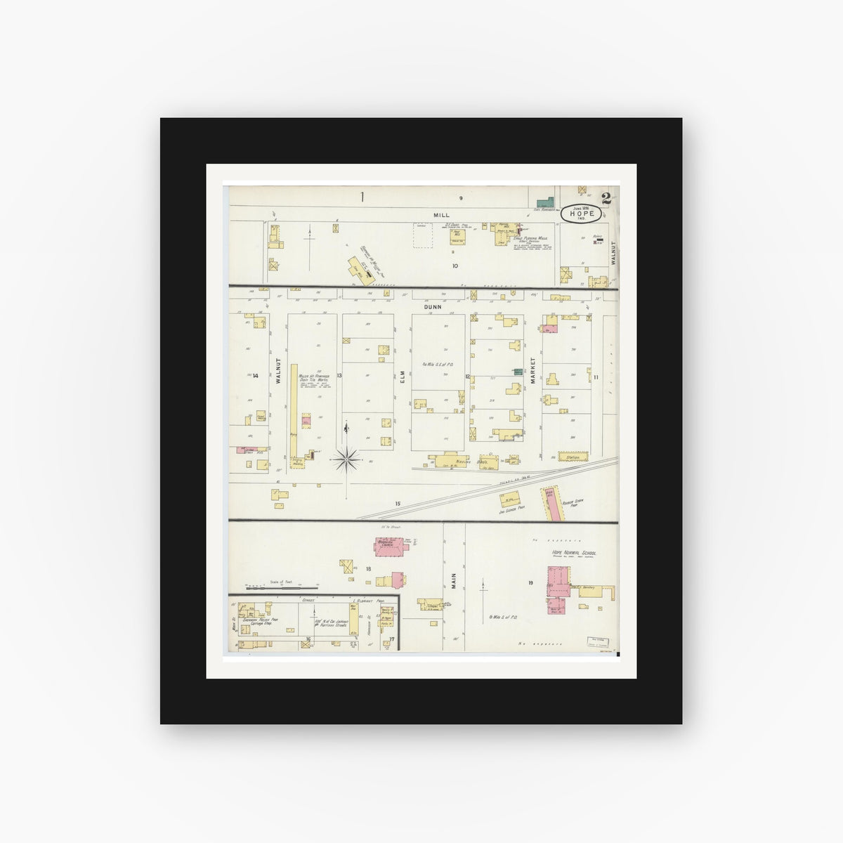 Old map wall art mockup — black gallery frame with white mat — Sanborn Fire Insurance Map from Hope, Bartholomew County, Indiana (1896), Sheet #0002