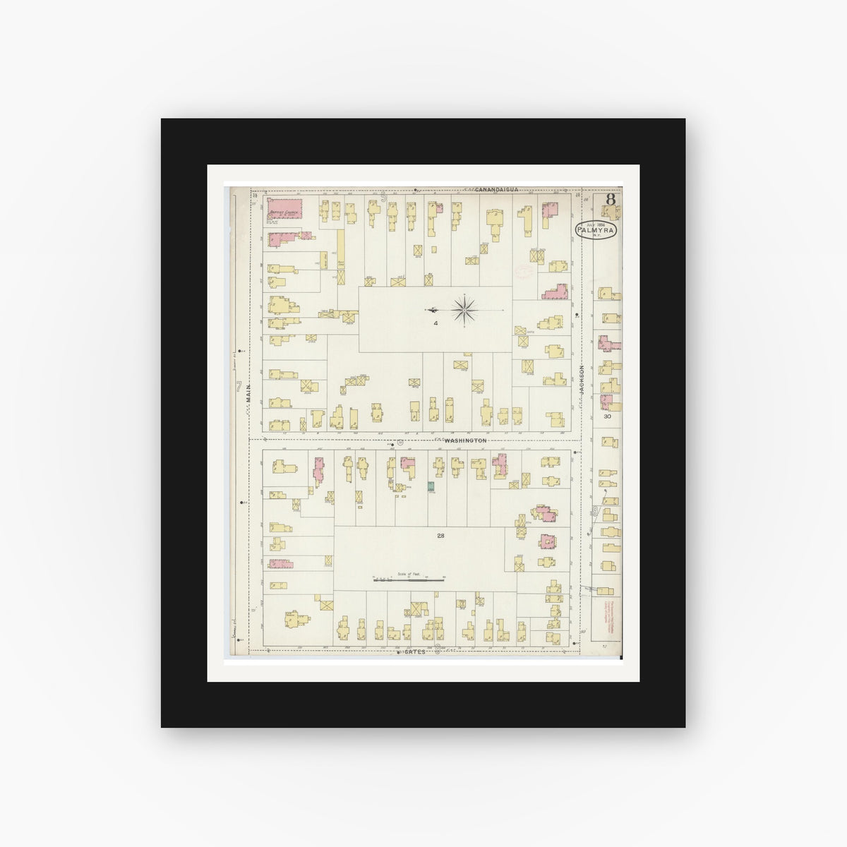 Old map wall art mockup — black gallery frame with white mat — Sanborn Fire Insurance Map from Palmyra, Wayne County, New York (1894), Sheet #0008