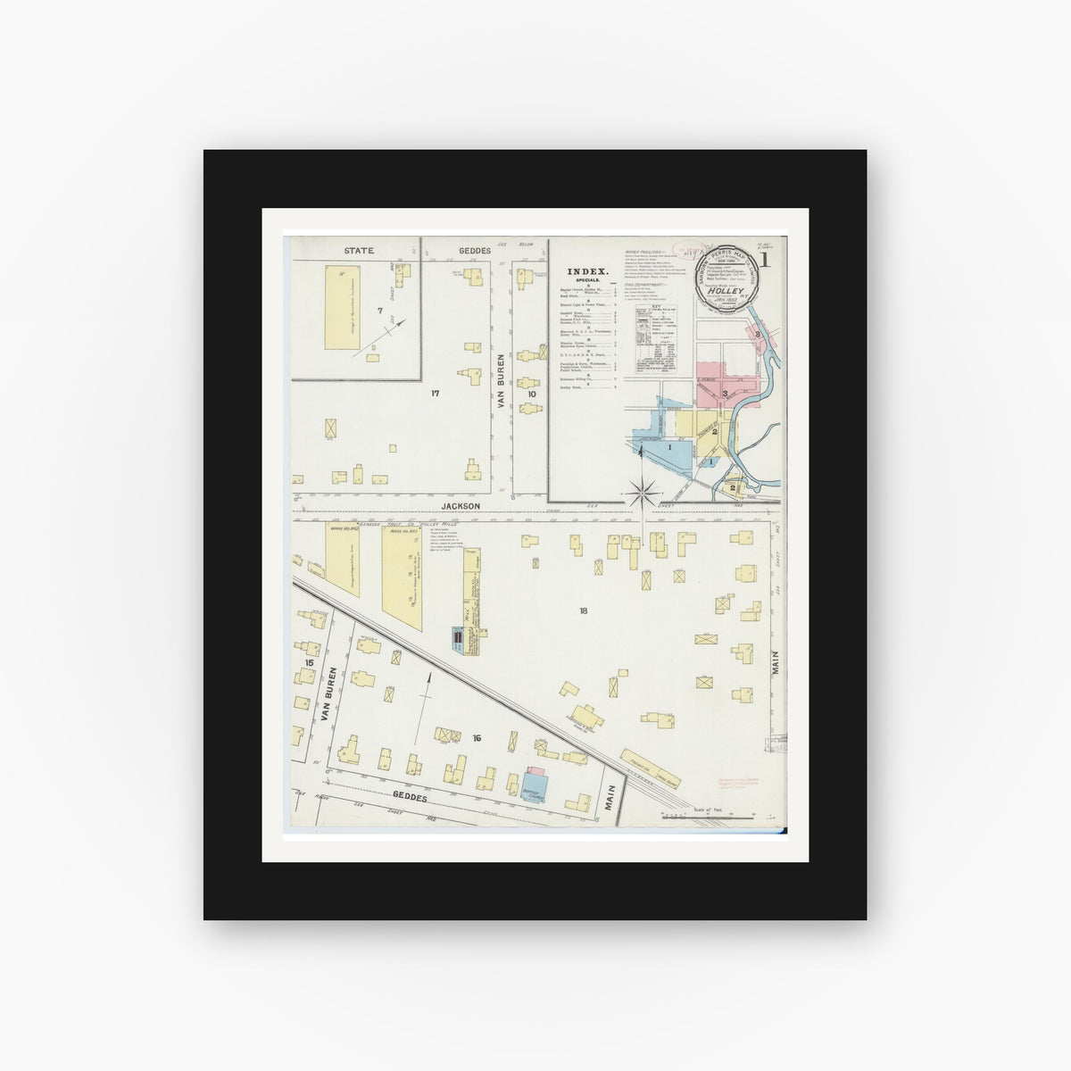 Old map wall art mockup — black gallery frame with white mat — Sanborn Fire Insurance Map from Holley, Orleans County, New York (1892) - Complete Map Set