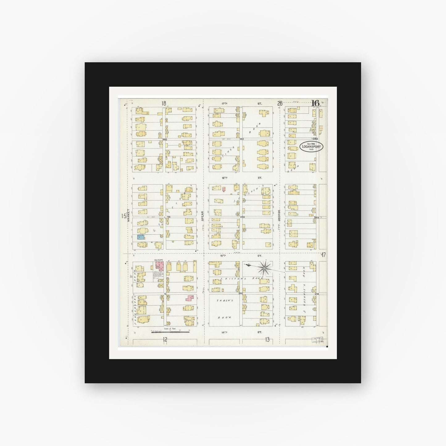 Old map wall art mockup — black gallery frame with white mat — Sanborn Fire Insurance Map from Logansport, Cass County, Indiana (1906), Sheet #0016