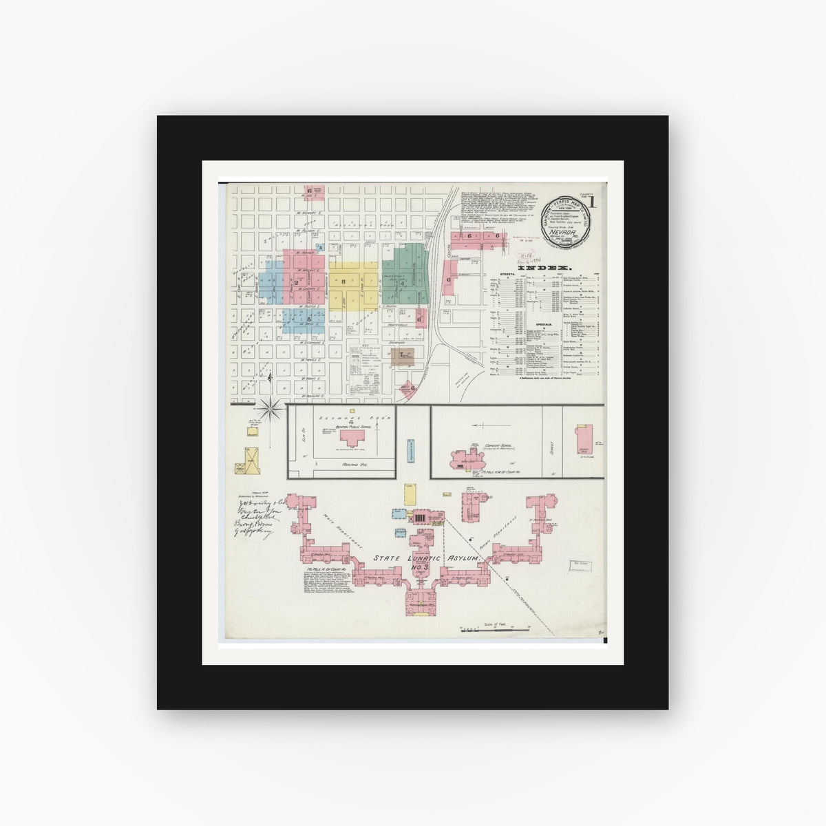 Old map wall art mockup — black gallery frame with white mat — Sanborn Fire Insurance Map from Nevada, Vernon County, Missouri (1894) - Complete Map Set