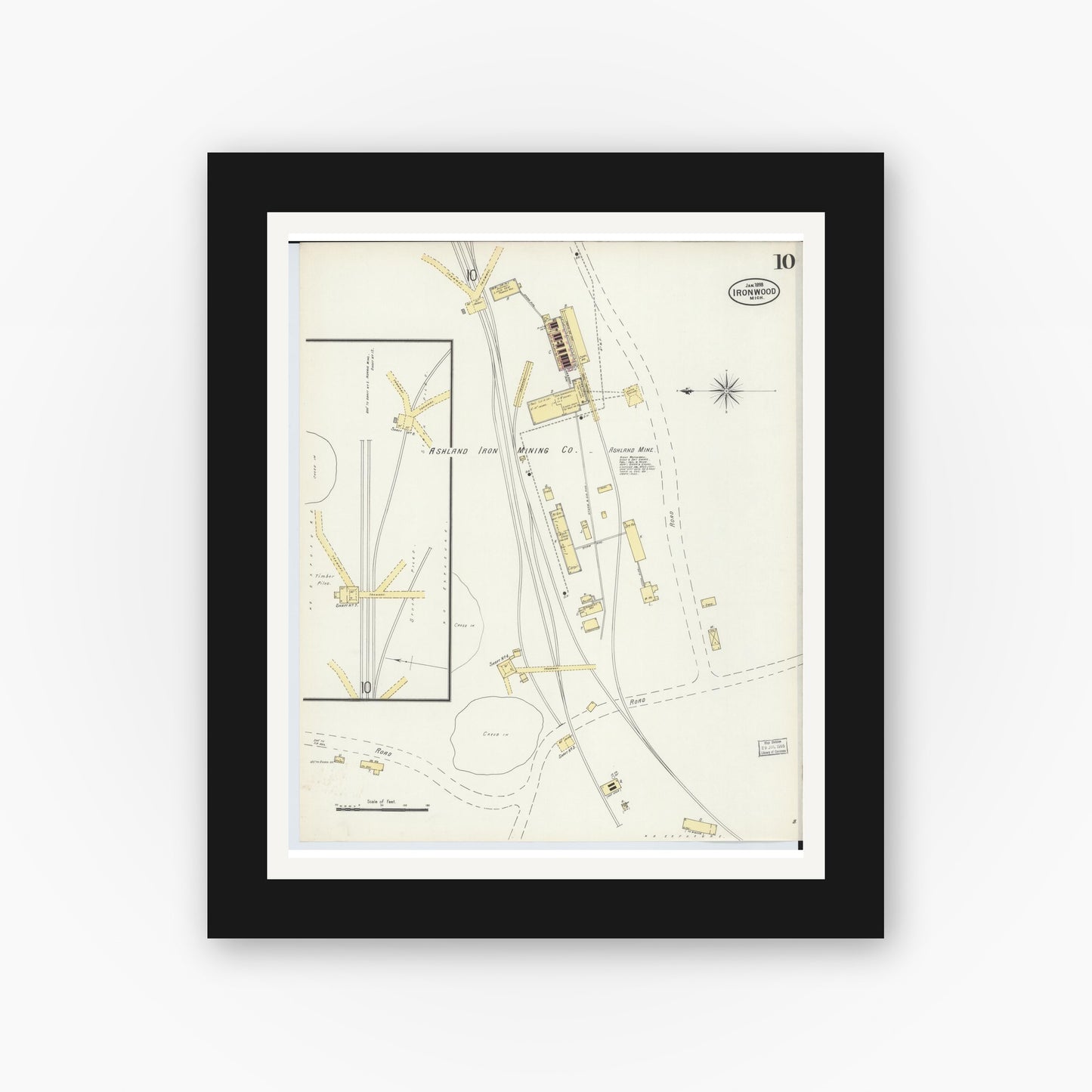 Old map wall art mockup — black gallery frame with white mat — Sanborn Fire Insurance Map from Ironwood, Gogebic County, Michigan (1898), Sheet #0010