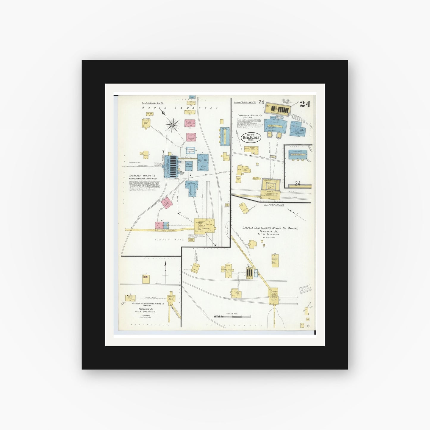 Old map wall art mockup — black gallery frame with white mat — Sanborn Fire Insurance Map from Red Jacket, Houghton County, Michigan (1908), Sheet #0024