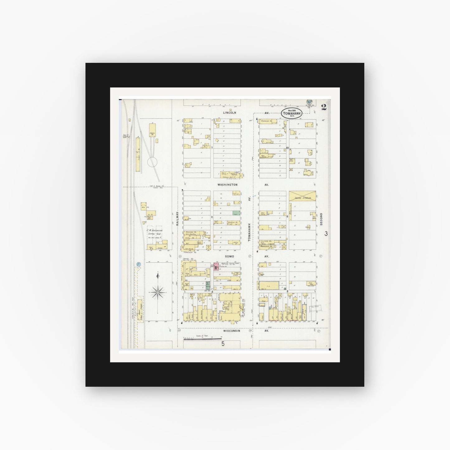 Old map wall art mockup — black gallery frame with white mat — Sanborn Fire Insurance Map from Tomahawk, Lincoln County, Wisconsin (1898), Sheet #0002