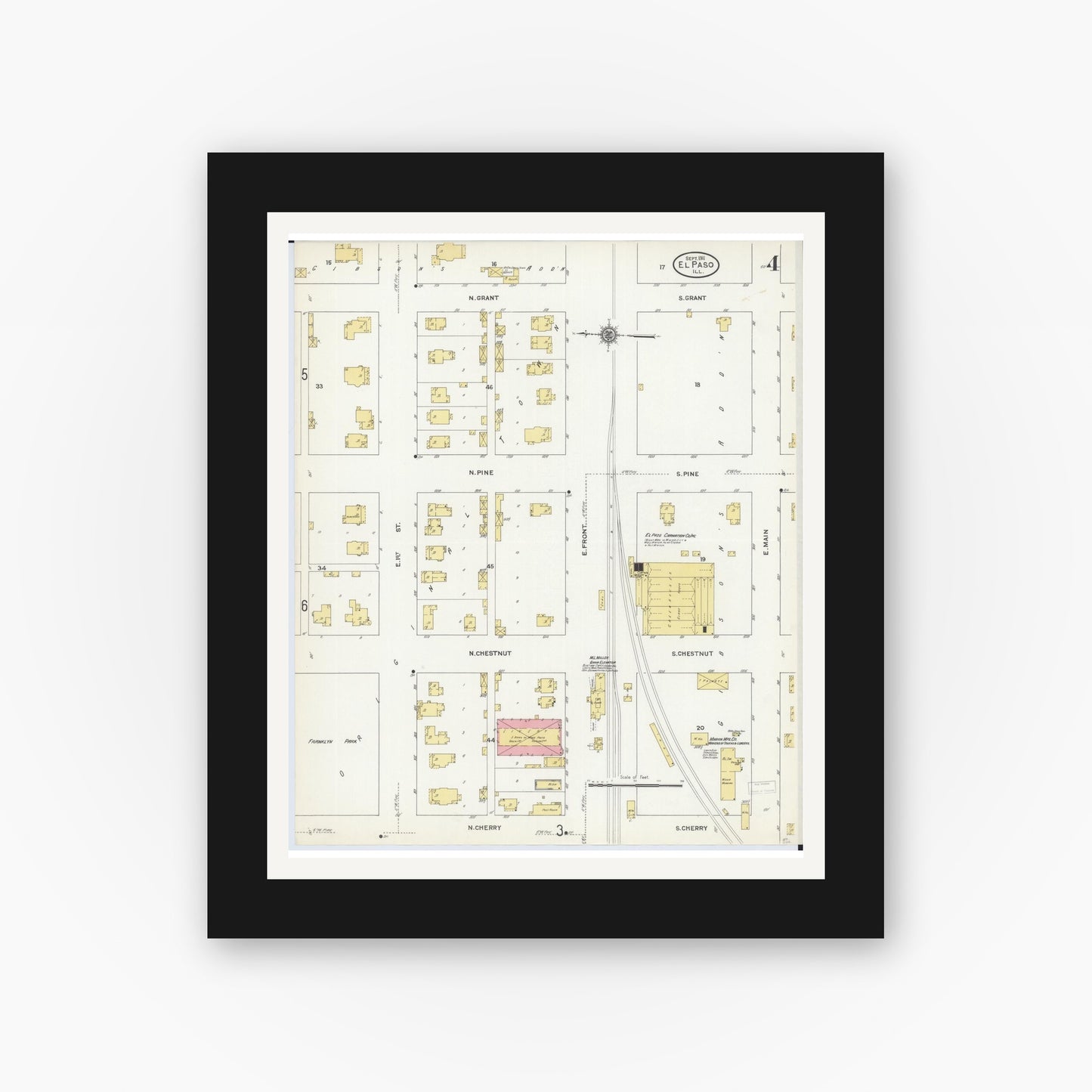 Old map wall art mockup — black gallery frame with white mat — Sanborn Fire Insurance Map from El Paso, Woodford County, Illinois (1911), Sheet #0004
