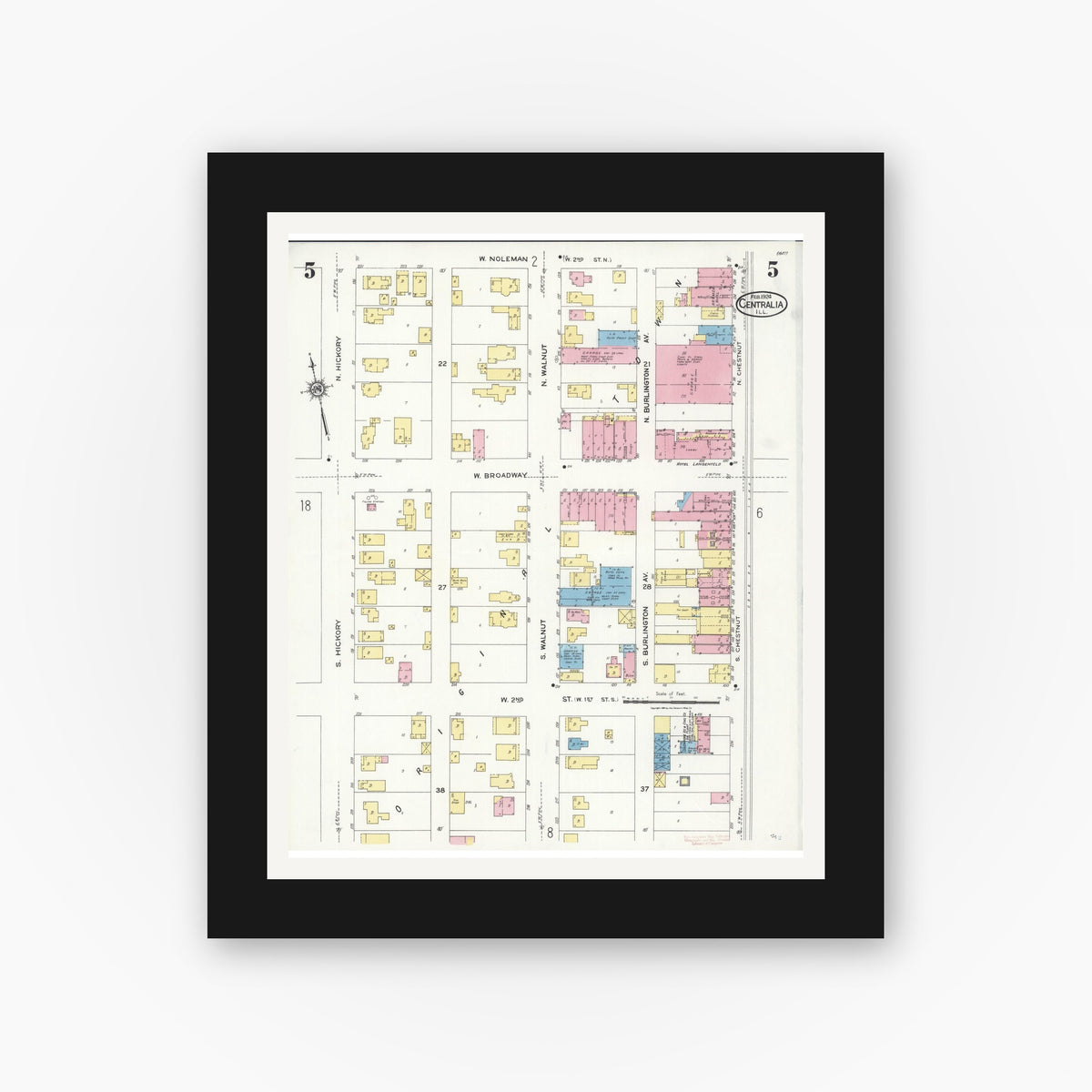 Old map wall art mockup — black gallery frame with white mat — Sanborn Fire Insurance Map from Centralia, Marion, Clinton, Jefferson, and Washington Counties, Illinois (1924), Sheet #0005
