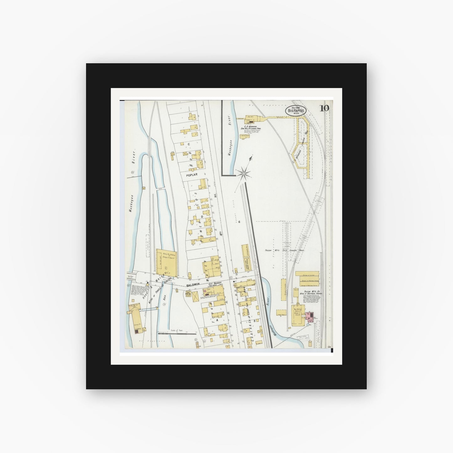 Old map wall art mockup — black gallery frame with white mat — Sanborn Fire Insurance Map from Big Rapids, Mecosta County, Michigan (1899), Sheet #0010