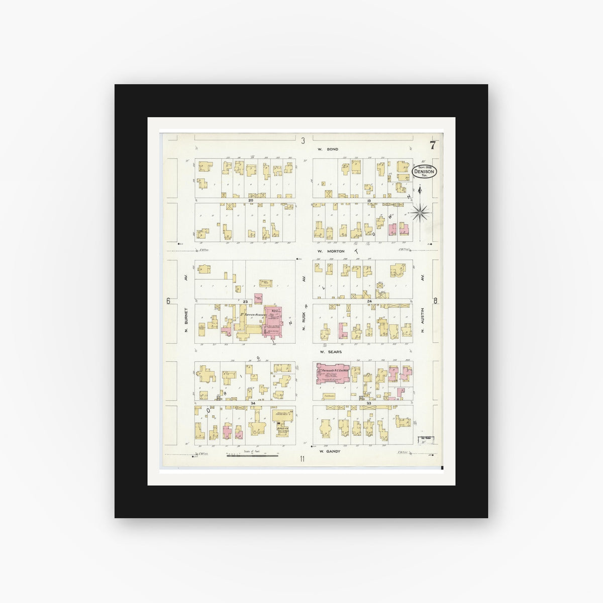 Old map wall art mockup — black gallery frame with white mat — Sanborn Fire Insurance Map from Denison, Grayson County, Texas (1908), Sheet #0007
