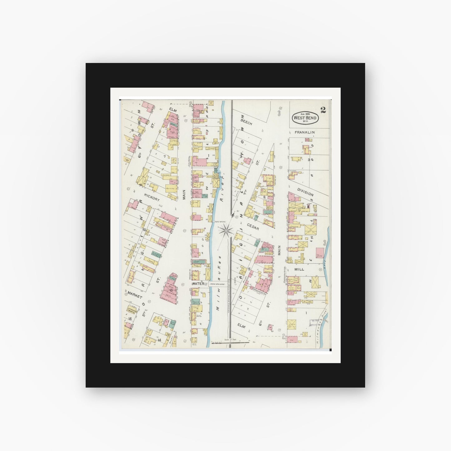 Old map wall art mockup — black gallery frame with white mat — Sanborn Fire Insurance Map from West Bend, Washington County, Wisconsin (1892), Sheet #0002