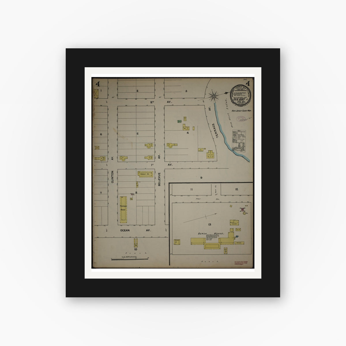 Old map wall art mockup — black gallery frame with white mat — Sanborn Fire Insurance Map from New Jersey Coast, New Jersey Coast, New Jersey (1890), Sheet #0004