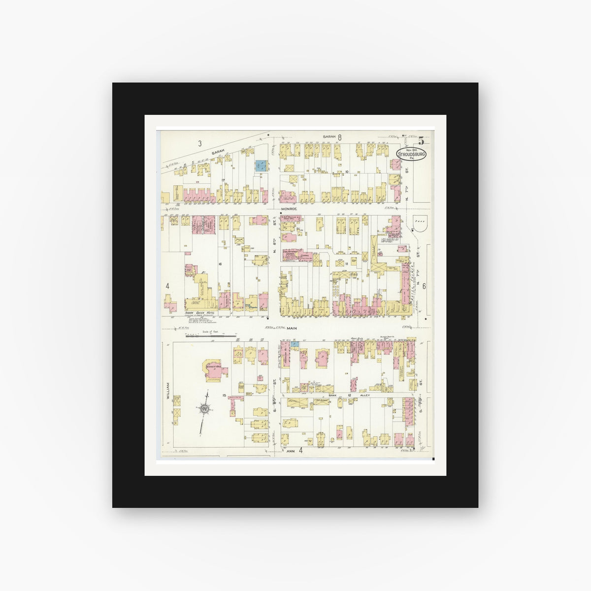 Old map wall art mockup β black gallery frame with white mat β Sanborn Fire Insurance Map from Stroudsburg, Monroe County, Pennsylvania (1912), Sheet #0005