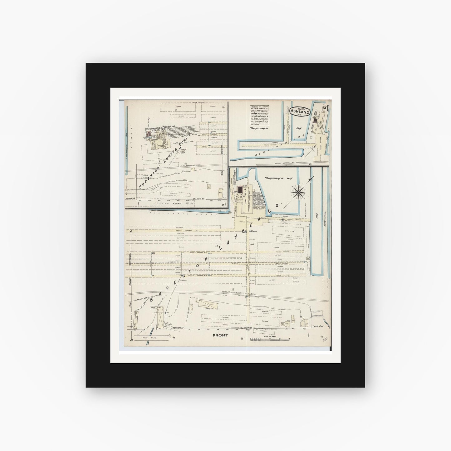 Old map wall art mockup — black gallery frame with white mat — Sanborn Fire Insurance Map from Ashland, Ashland County, Wisconsin (1884), Sheet #0004