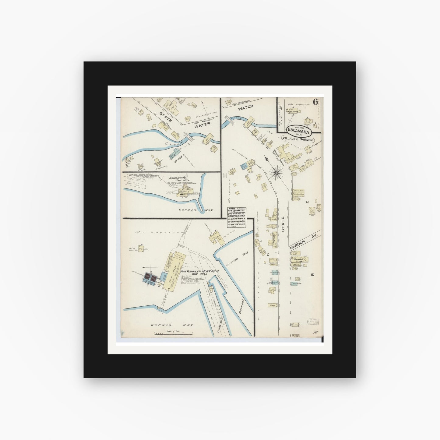 Old map wall art mockup — black gallery frame with white mat — Sanborn Fire Insurance Map from Escanaba, Delta County, Michigan (1884), Sheet #0006