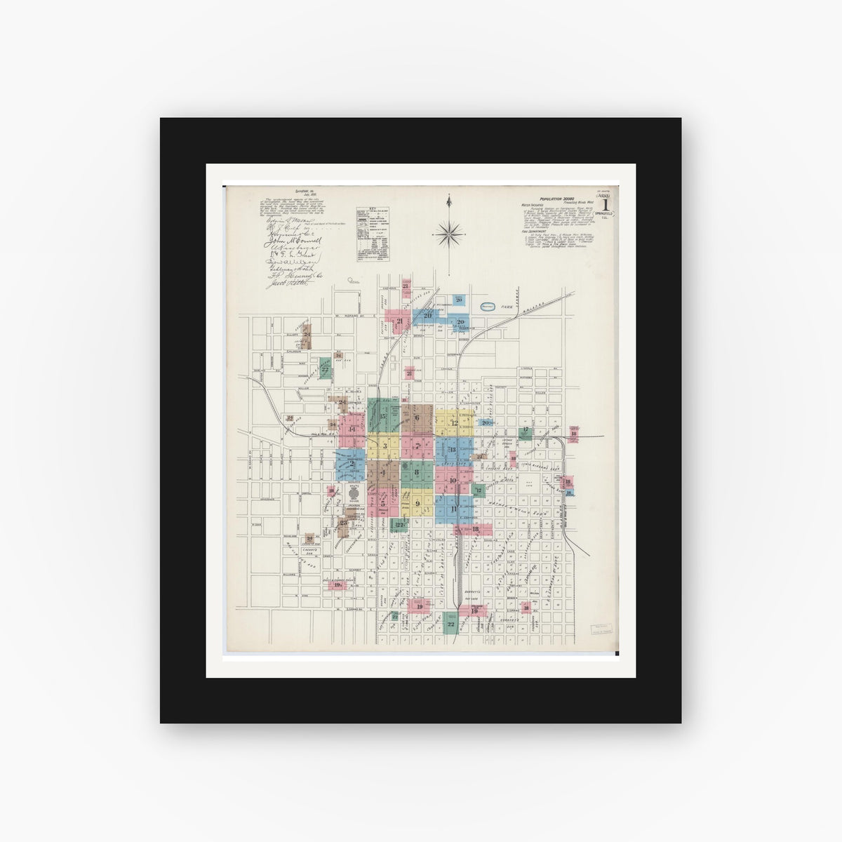 Old map wall art mockup — black gallery frame with white mat — Sanborn Fire Insurance Map from Springfield, Sangamon County, Illinois (1890), Sheet #0001