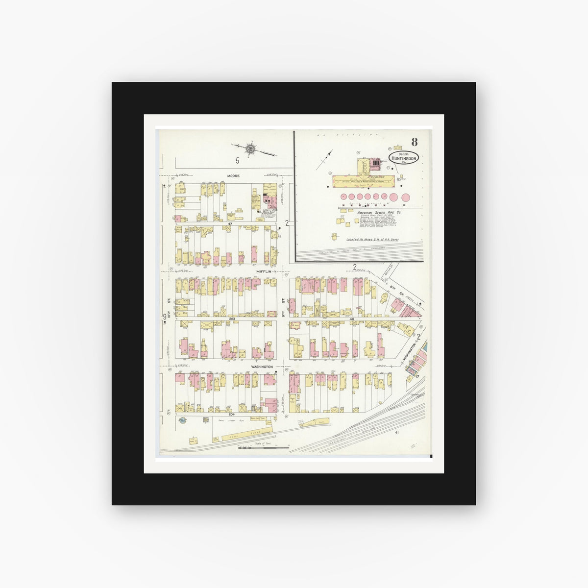 Old map wall art mockup — black gallery frame with white mat — Sanborn Fire Insurance Map from Huntingdon, Huntingdon County, Pennsylvania (1911), Sheet #0008