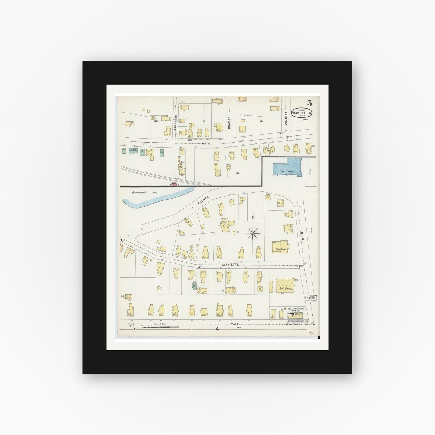 Old map wall art mockup — black gallery frame with white mat — Sanborn Fire Insurance Map from Wakefield, Middlesex County, Massachusetts (1897), Sheet #0005