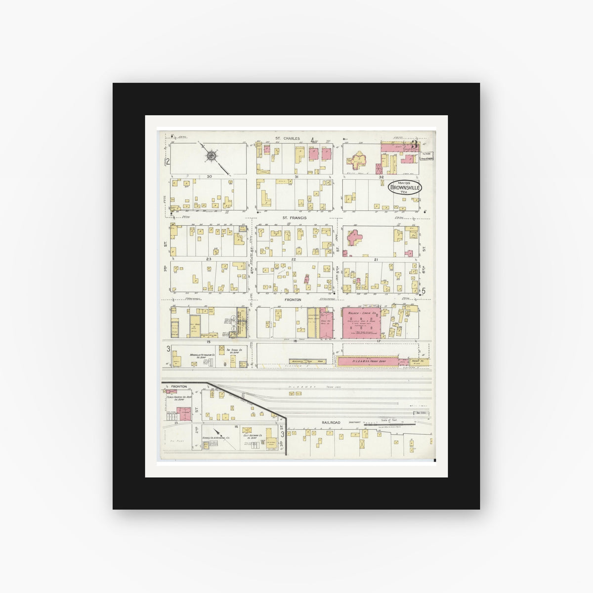 Old map wall art mockup — black gallery frame with white mat — Sanborn Fire Insurance Map from Brownsville, Cameron County, Texas (1919), Sheet #0003